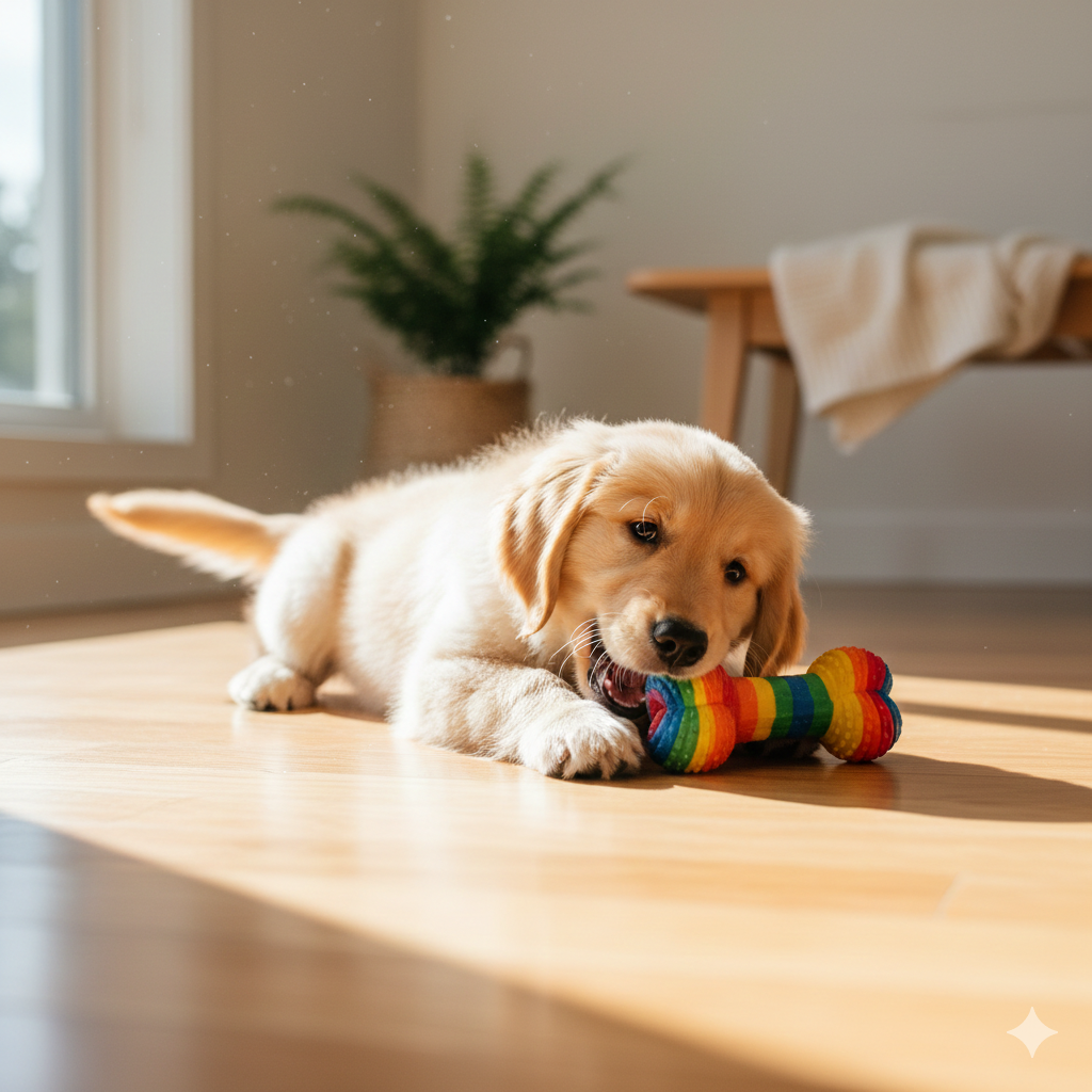 Cún con đang gặm chân ghế gỗ