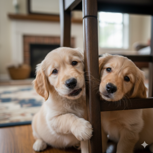 Cún con đang gặm chân ghế gỗ